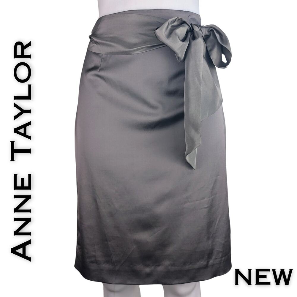 Anne Taylor Pencil Skirt 6 Gray Satin Elegant Evening Bow Sash Event Holiday NEW